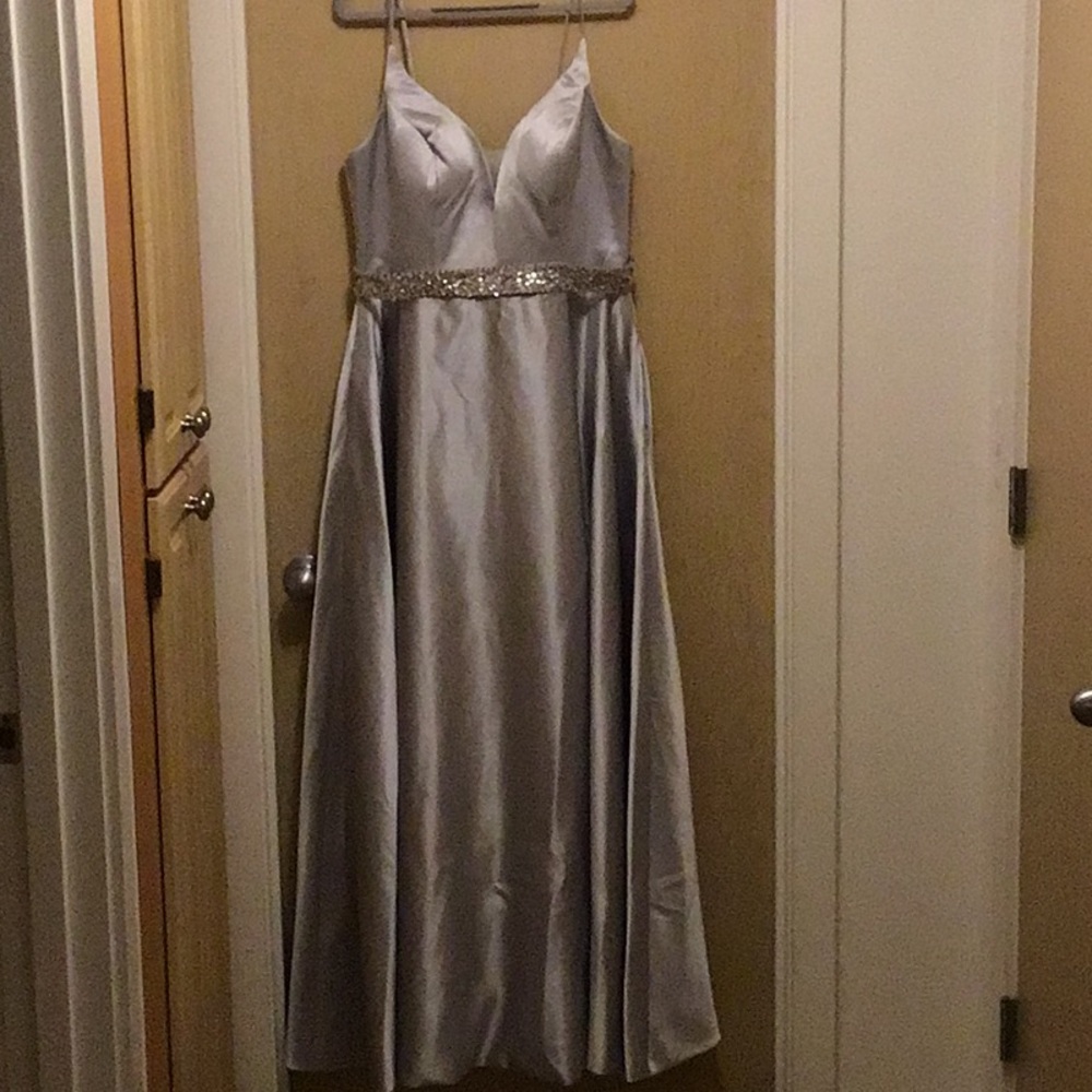 Elegant Silver Gown with Spaghetti Straps